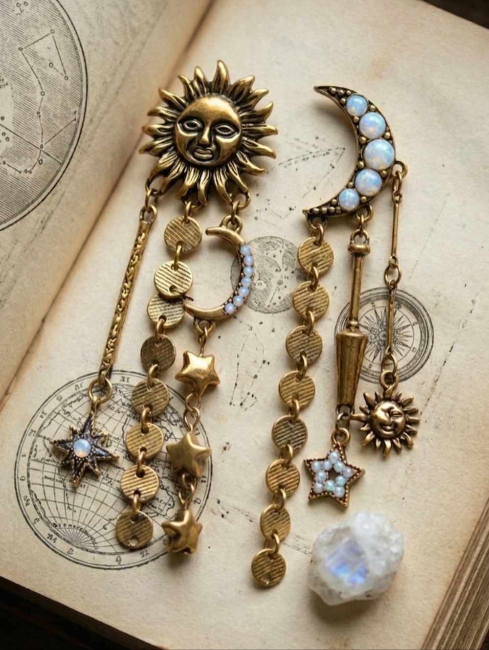 Asymmetric Celestial Sun Moon Dangle Earrings Antique Gold Resin Whimsigoth NWT